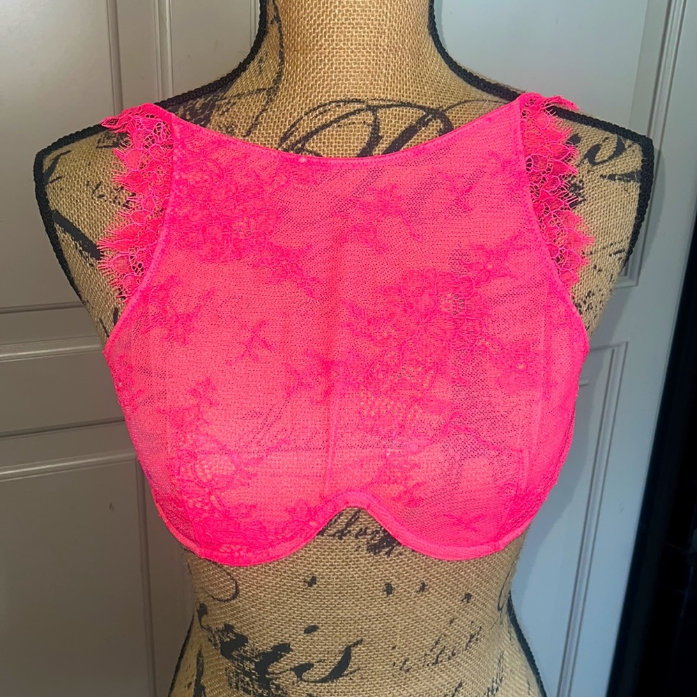 Neon pink Victoria's Secret sheer underwire bra 32D